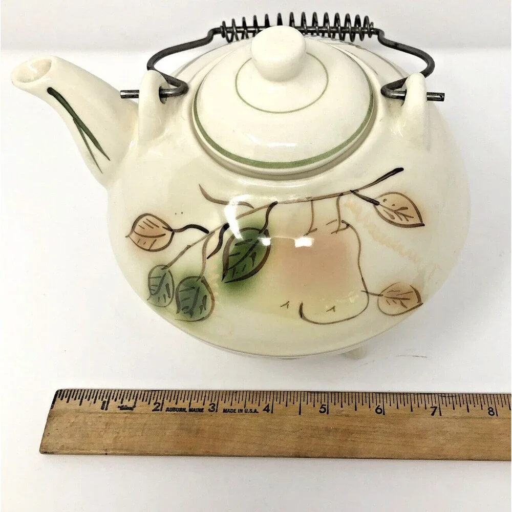 California Pottery Teapot Vintage 3 Toed Handpainted Fruit Metal Coil Handle USA